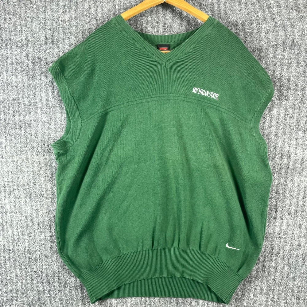 VTG Nike Michigan State Spartans Sweater Vest Mens XL Green Swoosh Football Y2K